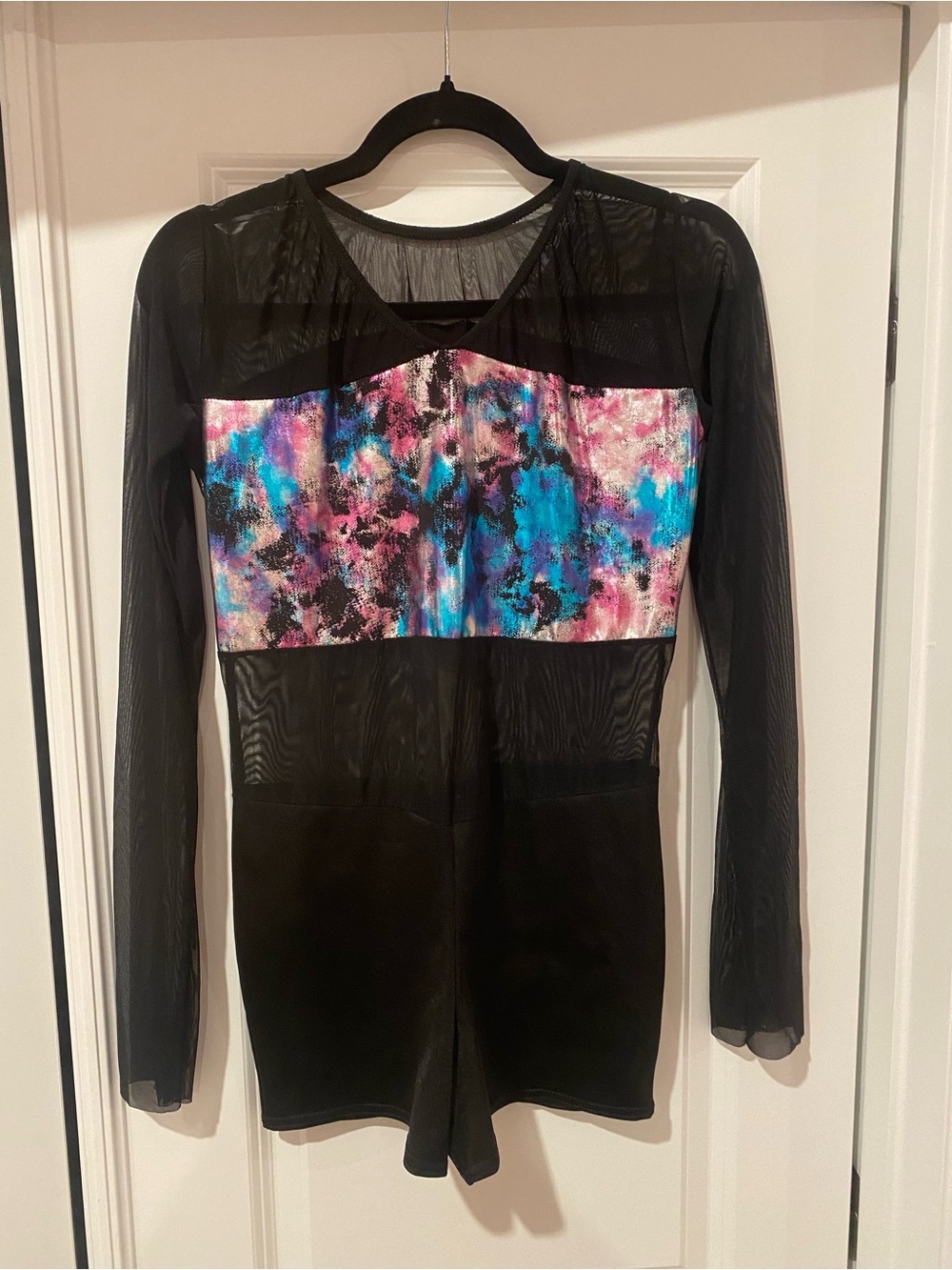 Black Long-Sleeve Mesh Dance outfit with Multicolor Bust Detail